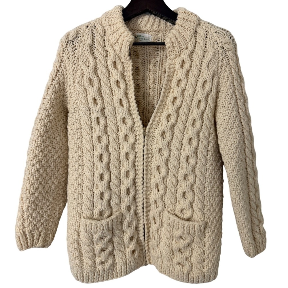 Ardion Hand Knits Cream Cable Knit Wool Full Zip Sweater Made in Ireland Women M - Picture 1 of 5